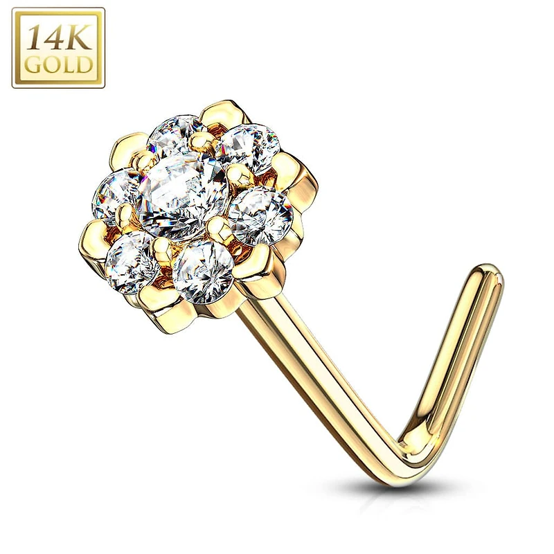 14KT Solid Yellow Gold White CZ Cluster Flower L shape Nose Ring Stud