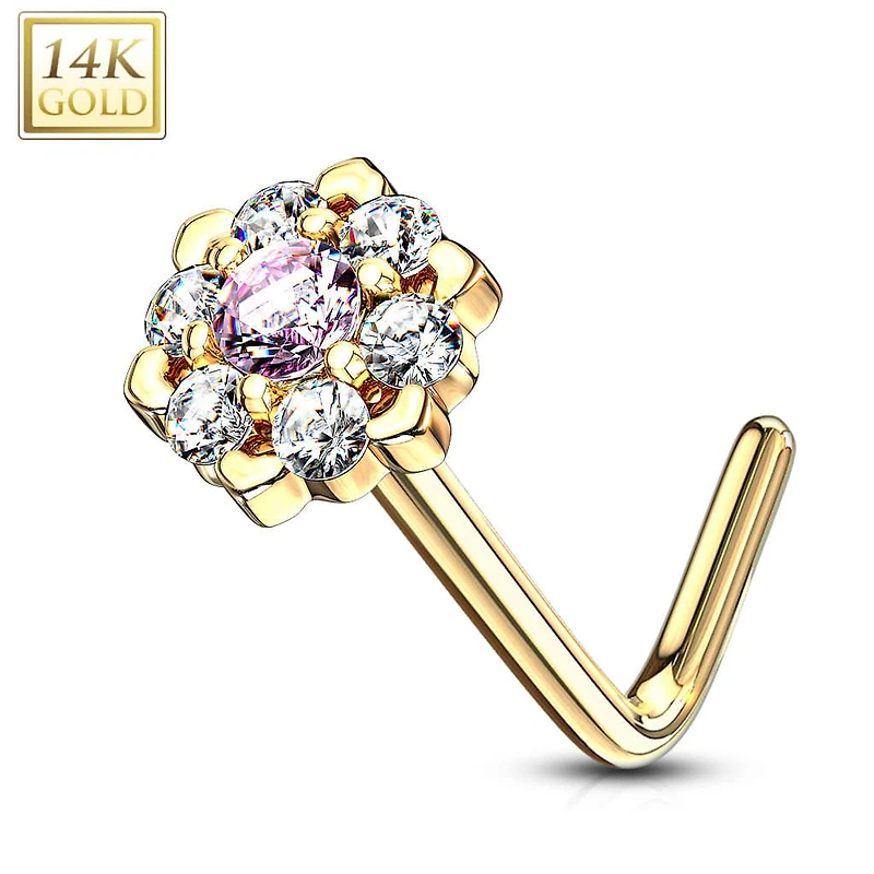 14KT Solid Yellow Gold White & CZ Cluster Flower L shape Nose Ring Stud