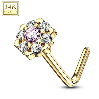14KT Solid Yellow Gold White & Pink CZ Cluster Flower L shape Nose Ring Stud