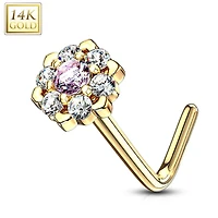 14KT Solid Yellow Gold White & CZ Cluster Flower L shape Nose Ring Stud