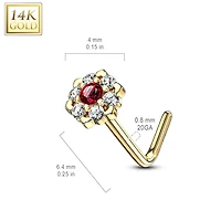 14KT Solid Yellow Gold White & Pink CZ Cluster Flower L shape Nose Ring Stud