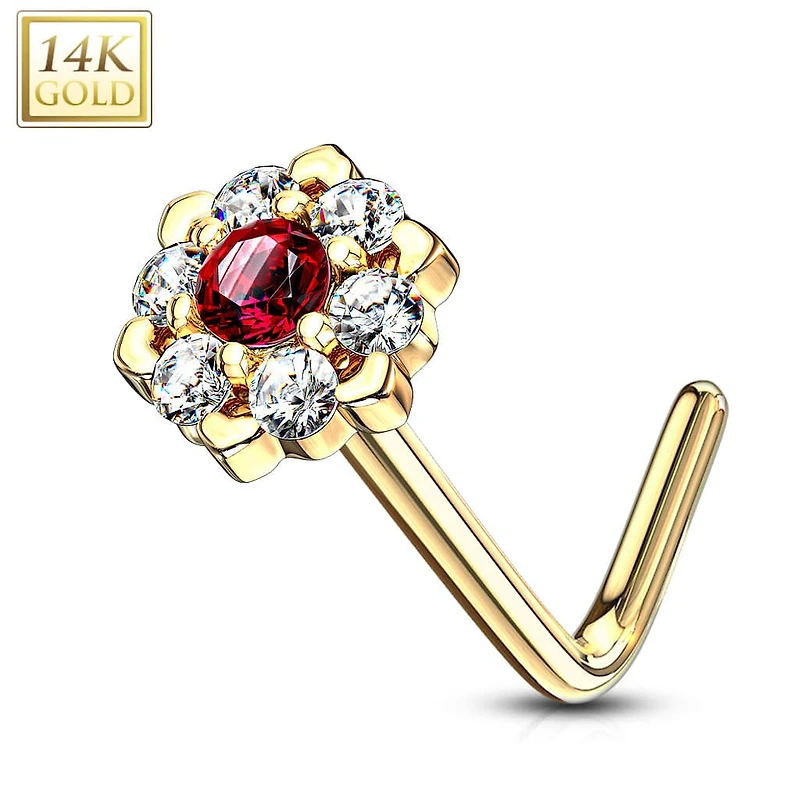 14KT Solid Yellow Gold White & Red CZ Cluster Flower L shape Nose Ring Stud
