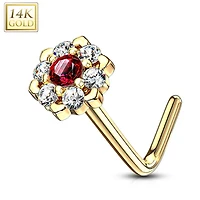 14KT Solid Yellow Gold White & Red CZ Cluster Flower L shape Nose Ring Stud