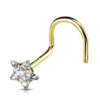 14KT Solid Yellow Gold White Star Gem Corkscrew Nose Stud
