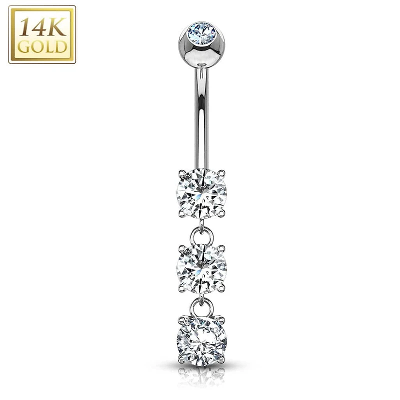 14KT White Gold 3 CZ White Gem Dangling Belly Button Ring