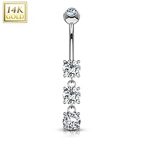 14KT White Gold 3 CZ White Gem Dangling Belly Button Ring