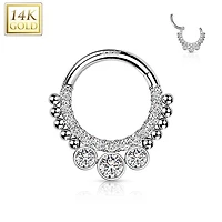 14KT White Gold Beaded White CZ Bezel Center Hinged Septum Clicker Hoop