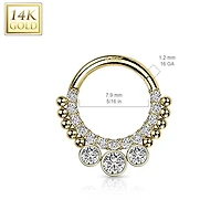 14KT White Gold Beaded White CZ Bezel Center Hinged Septum Clicker Hoop