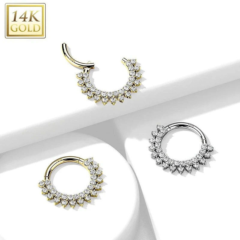 14KT White Gold Double Layer Pave White CZ Hinged Septum Clicker Hoop