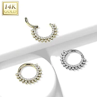 14KT White Gold Double Layer Pave White CZ Hinged Septum Clicker Hoop