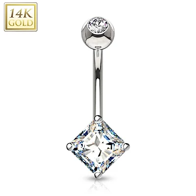 14KT White Gold White Princess Cut Prong CZ Belly Button Ring