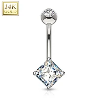 14KT White Gold White Princess Cut Prong CZ Belly Button Ring