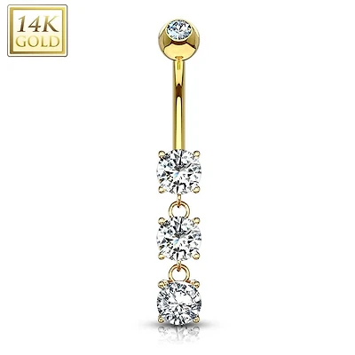 14KT Yellow Gold 3 CZ White Gem Dangling Belly Button Ring