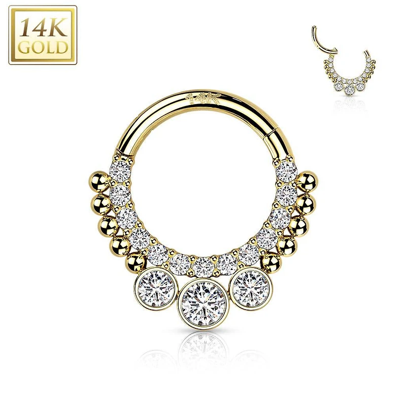 14KT Yellow Gold Beaded White CZ Bezel Center Hinged Septum Clicker Hoop