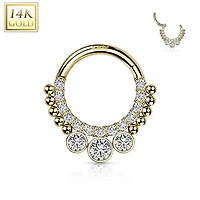 14KT Yellow Gold Beaded White CZ Bezel Center Hinged Septum Clicker Hoop