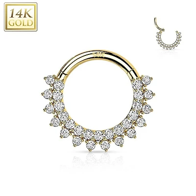 14KT Yellow Gold Double Layer Pave White CZ Hinged Septum Clicker Hoop