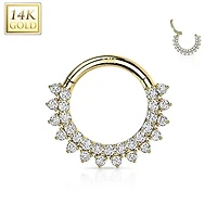 14KT Yellow Gold Double Layer Pave White CZ Hinged Septum Clicker Hoop
