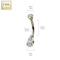 14KT Yellow Gold Pear Shaped White CZ Stud Belly Ring