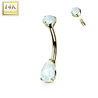 14KT Yellow Gold Pear Shaped White Opal Stud Belly Ring