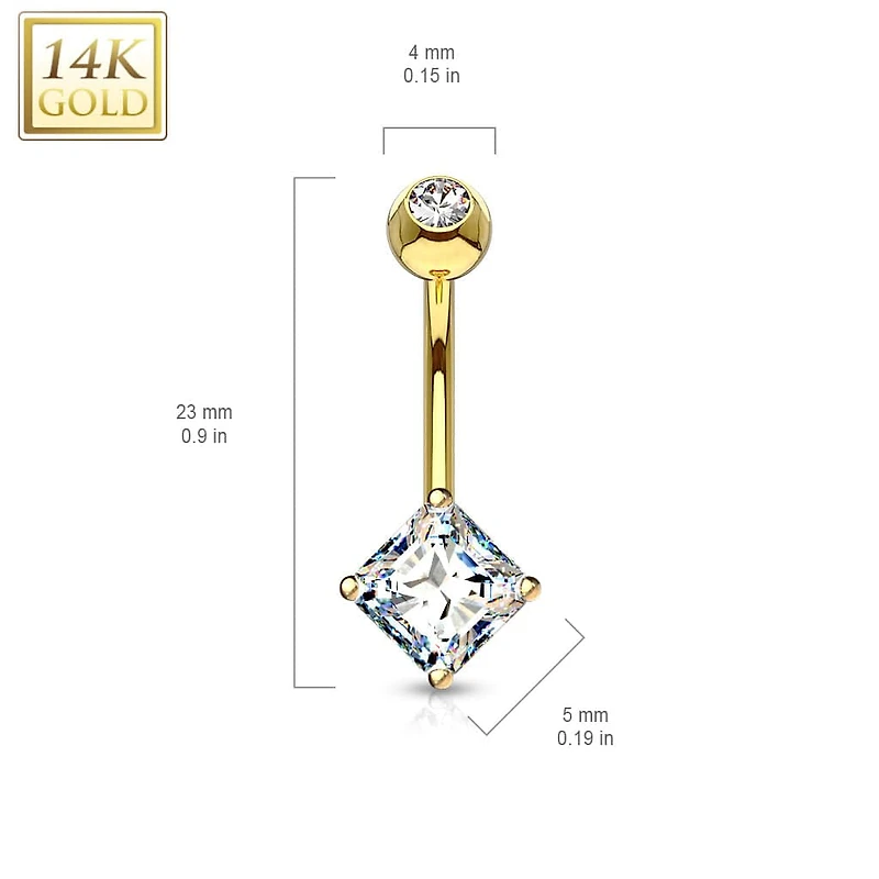 14KT Yellow Gold White Princess Cut Prong CZ Belly Button Ring