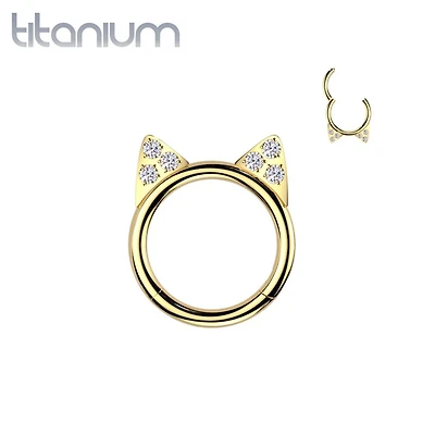 Implant Grade Titanium Gold PVD White CZ Cute Cat Ear Hinged Clicked Hoop
