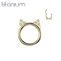 Implant Grade Titanium Gold PVD White CZ Cute Cat Ear Hinged Clicked Hoop