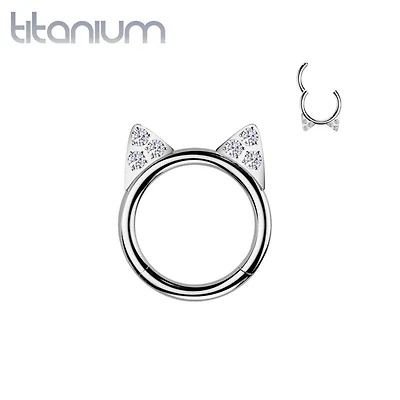 Implant Grade Titanium White CZ Cute Cat Ear Hinged Clicked Hoop