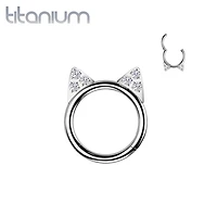 Implant Grade Titanium White CZ Cute Cat Ear Hinged Clicked Hoop