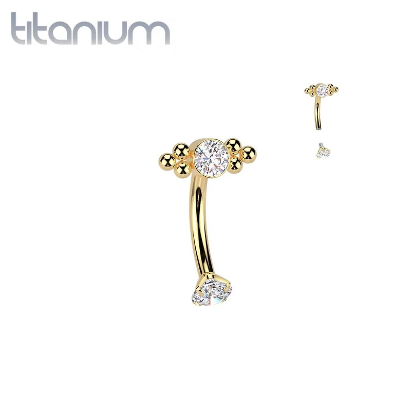 Implant Grade Titanium Gold PVD White CZ Bezel Boho Beaded Internally Threaded Curved Barbell