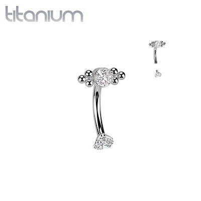 Implant Grade Titanium White CZ Bezel Boho Beaded Internally Threaded Curved Barbell