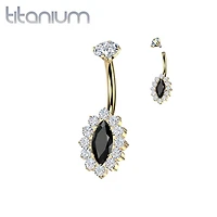 Implant Grade Titanium Gold PVD White & Black CZ Internally Threaded Marquise Non Dangle Belly Ring