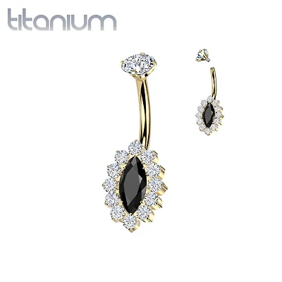 Implant Grade Titanium Gold PVD White & Black CZ Internally Threaded Marquise Non Dangle Belly Ring
