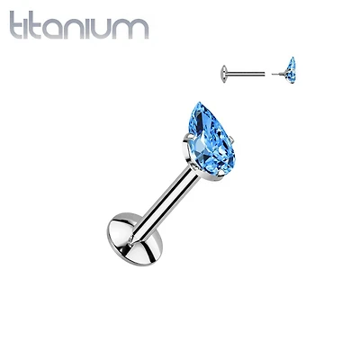 Implant Grade Titanium Aqua CZ Teardrop Shaped Internally Threaded Flat Back Labret