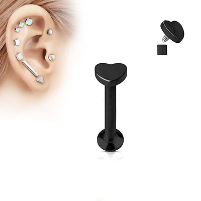 16ga Black Anodized Surgical Steel Flat Back Internally Threaded Heart Labret Monroe Tragus Cartilage Ring