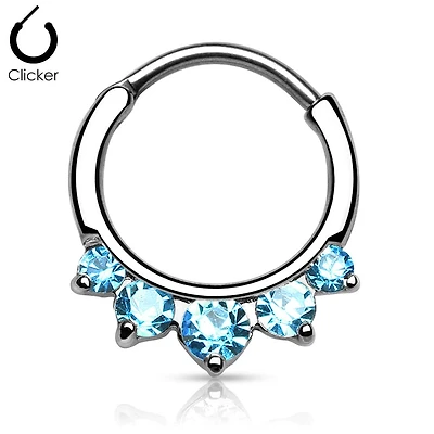 16ga Prong Set 5 Gem Aqua CZ 316L Surgical Steel Bar Septum Ring Clicker