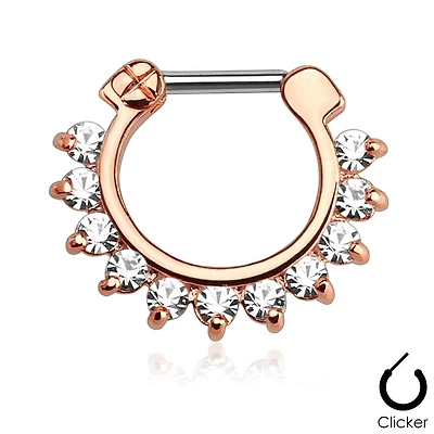 16GA Rose Gold Plated Prong Set Single Line CZ Gemmed 316L Surgical Steel Bar Septum Ring Clicker