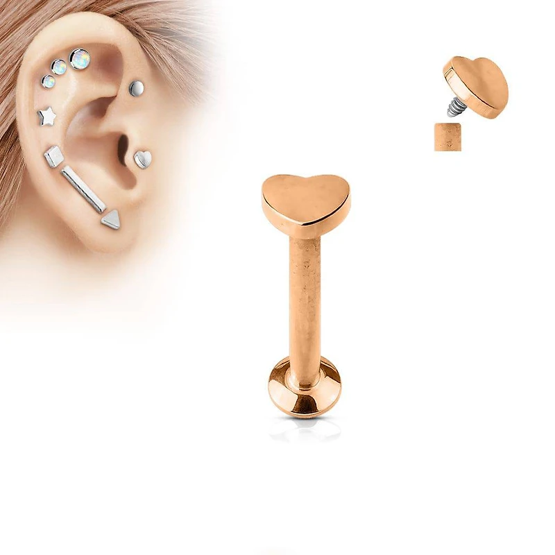 16ga Rose Gold Plated Surgical Steel Flat Back Internally Threaded Heart Labret Monroe Tragus Cartilage Ring