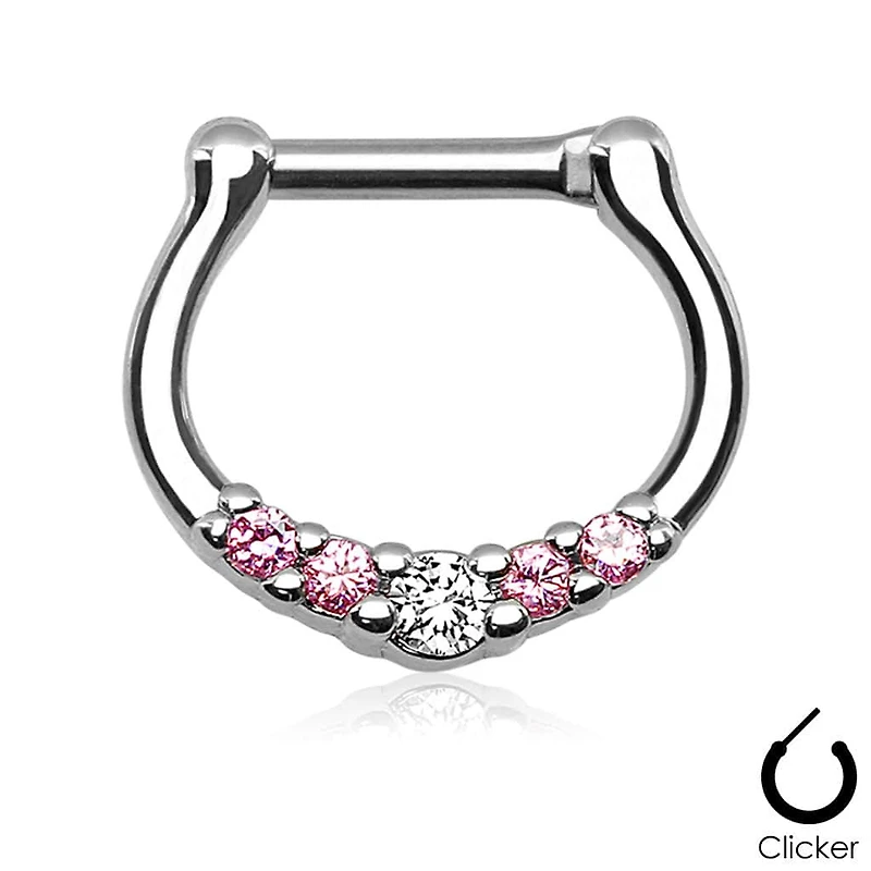 16ga Small White and Pink 5 Prong Set CZ Septum Ring 316L Surgical Steel Bar Clicker
