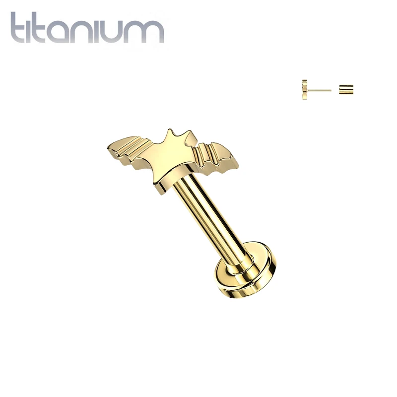 Implant Grade Titanium Gold PVD Winged Flying Bat Push In Threadless Labret With Flat Back