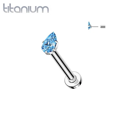 Implant Grade Titanium Aqua CZ Teardrop Gem Threadless Labret With Flat Back