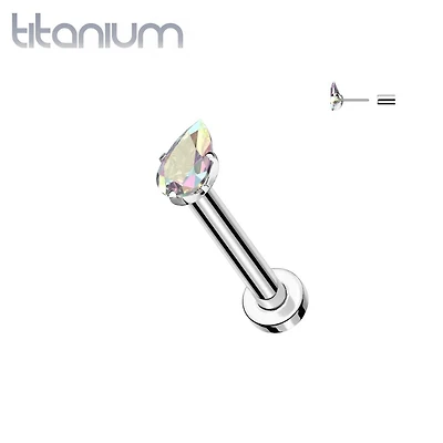 Implant Grade Titanium Aurora Borealis CZ Teardrop Gem Threadless Labret With Flat Back