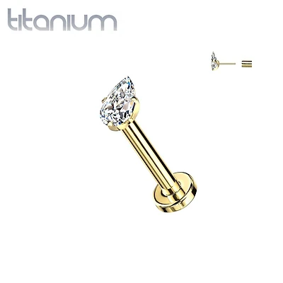 Implant Grade Titanium Gold PVD White CZ Teardrop Gem Threadless Labret With Flat Back