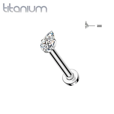 Implant Grade Titanium CZ Teardrop Gem Threadless Labret With Flat Back