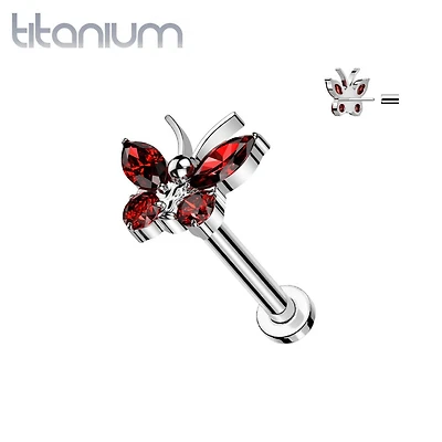 Implant Grade Titanium Large Red CZ Gem Butterfly Threadless Push In Labret