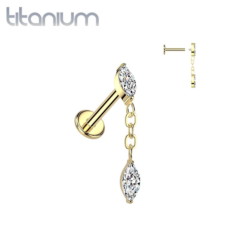 Implant Grade Titanium Gold PVD White CZ Marquise Gem Dangle Internally Threaded Labret