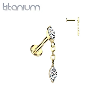 Implant Grade Titanium Gold PVD White CZ Marquise Gem Dangle Internally Threaded Labret