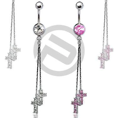 2 Dangle Religious Cross CZ Drop Belly Button Navel Ring