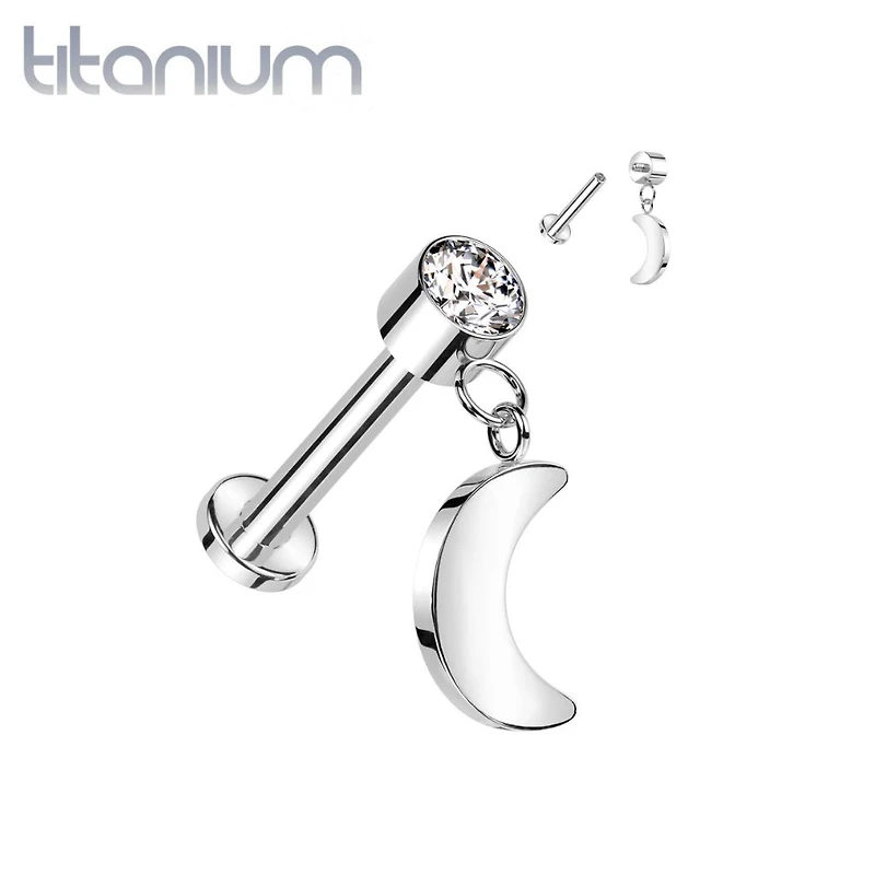 Implant Grade Titanium White CZ Crescent Moon Dangle Flat Back Labret
