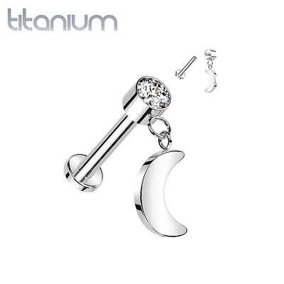 Implant Grade Titanium White CZ Crescent Moon Dangle Flat Back Labret