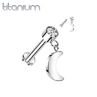 Implant Grade Titanium White CZ Crescent Moon Dangle Flat Back Labret